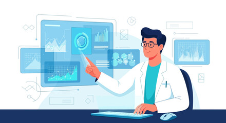 Scientist Analyzing Data On Futuristic Digital Screen, Scientific Insightful Visualization