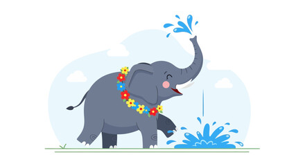Naklejka premium Playful Elephant Joyfully Sprays Water Outdoors Amidst Vibrant Floral Embellishments