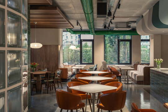 Illuminated modern restaurant with colorful interior elements