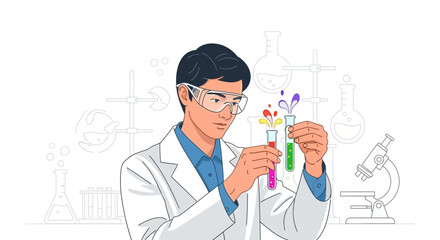 Scientist Examining Colorful Liquids In Test Tubes With Laboratory Glassware Backdrop Illustration