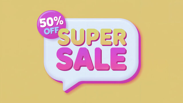 A super sale promotion with fifty percent off in a speech bubble on a yellow colored background - Powered by Adobe