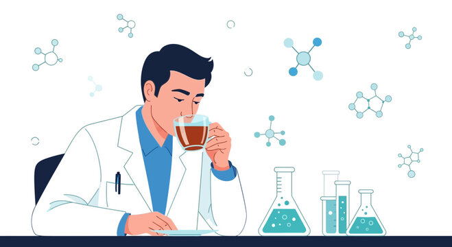 Scientist Taking A Coffee Break While Working On Chemical Experiments And Discoveries