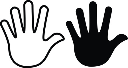 Black and White Handprint Icon – Open Palm Outline and Solid Hand Symbol..eps