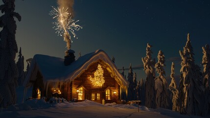 Cozy Log Cabin Decorated for Christmas with Fireworks Night Sky Snowy Forest Scene