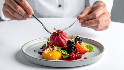 a chef's hands arranging a gourmet dessert plate with various fruits and a reddish-purple dome-shaped food item. The dish is artistically presented on a gray plate with a white background