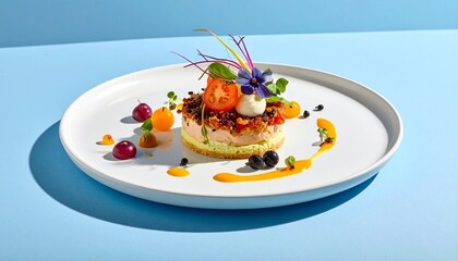 a creatively plated dish, with a layered food item at the center garnished with tomatoes, flowers, and greens. The plate also has decorative sauces and small fruits