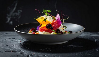 a creatively plated gourmet dish in a modern style. The dish is arranged in a shallow bowl and includes a variety of colorful elements like fruits, flowers, and garnishes