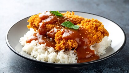 Crispy fried chicken over rice