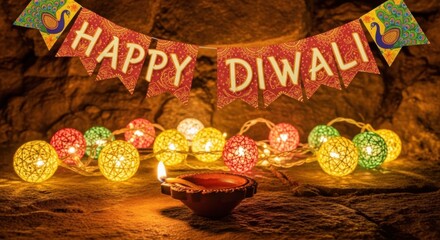 Warm wishes and festive lights illuminate Diwali celebrations with traditional diya and peacock banner