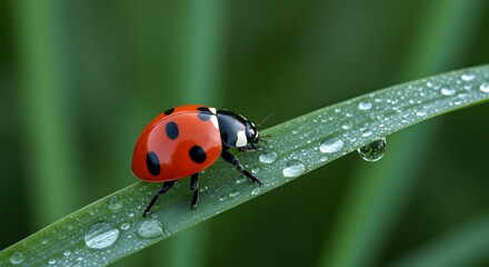Tiny Red Ladybug With Black Dots Crawling on a Dew Droplet Covered Green Leaf in a Macro Shot