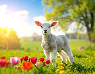 Fototapeta premium Cute lamb in a spring meadow