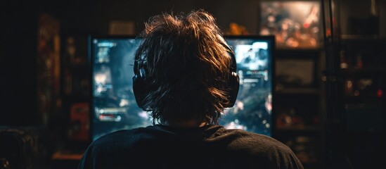 Gamer in Headphones Engrossed in Video Game in Dimly Lit Room