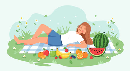 Relaxing Afternoon Picnic: A Woman Enjoys Sunshine, Fruits, and Summer Joy