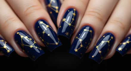 Close-up of a woman's hands with dark blue nails adorned with golden constellation patterns, showcasing a celestial-themed manicure.