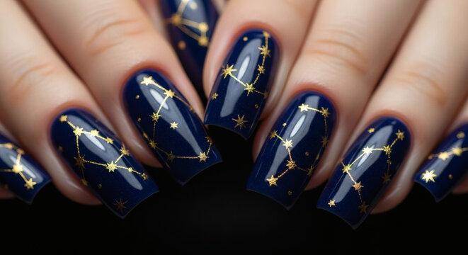 Close-up of a woman's hands with dark blue nails adorned with golden constellation patterns, showcasing a celestial-themed manicure.