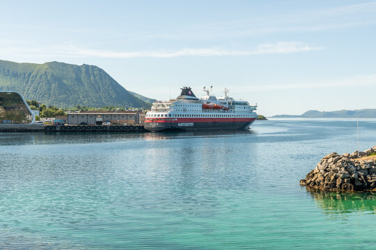 17 july 2025, Stokmarknes, Norway. Ms Polarlys Hurtigruten cruise at quay in Stokmarknes during sunny summer day. Hurtigruten Terminal, Hurtigruten coastal cruise ship in northern europe. Tourism.