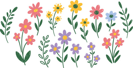 a garden scene with colorful flowers and green leaves