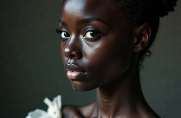 Spirited portrait of a black woman with an inviting smile, artistically juxtaposed. Close up face