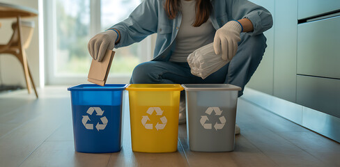 Person sorting waste into color coded recycling bins for environmental awareness