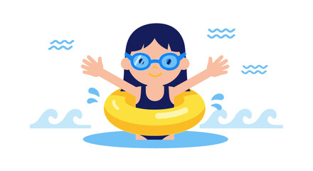 Obraz premium Smiling Child in a Yellow Inflatable Ring Enjoying Summer Water Fun and Recreation