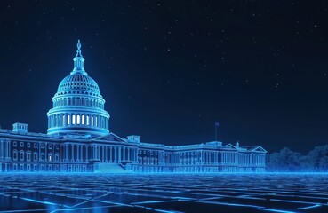 Abstract blue digital illustration of US Capitol building under starry night sky. Neon lines form architecture, grid pattern ground. Represents government, democracy, US politics, federal