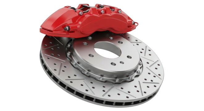 High-Performance Car Brake Disc with Red Caliper.