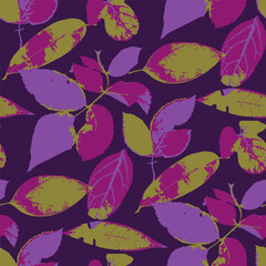 Seamless pattern with dry herbarium leaves in bold vivid colors. Cottagecore foliage wallpaper. Boho botanical texture