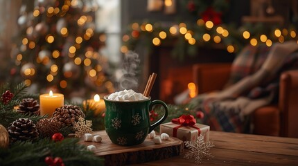 Warm Christmas holiday scene with steaming hot cocoa and marshmallows, glowing candle, decorated tree, festive gifts and cozy fireplace creating magical winter atmosphere of comfort and joy