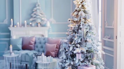 Decorated Snowy Christmas Tree in Elegant Living Room with Soft Pastel Colors