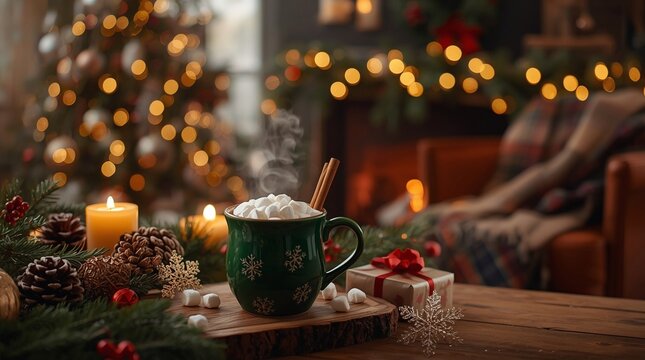 Warm Christmas holiday scene with steaming hot cocoa and marshmallows, glowing candle, decorated tree, festive gifts and cozy fireplace creating magical winter atmosphere of comfort and joy