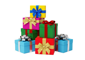 Obraz premium Stack of six vibrant, meticulously wrapped presents with colorful bows, crisp edges, and reflective paper, on a pristine seamless transparent background, high-key studio lighting, holiday celebration