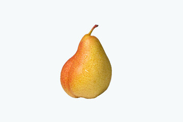 Ripe pear covered with water droplets on white background