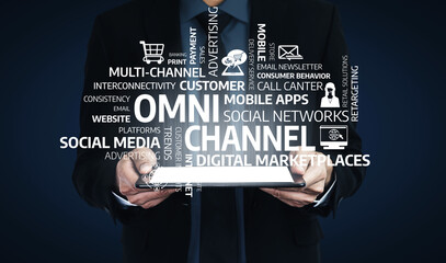 A businessman holding a tablet surrounded by concepts of omni-channel marketing, emphasizing the integration of various digital platforms in a modern business environment. Tessel