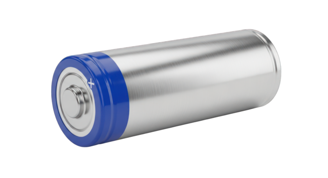 Silver AA Battery with Blue Top and Positive Terminal.
