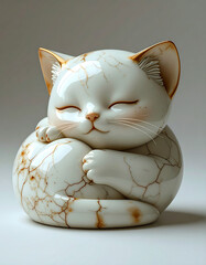 Elegant Ceramic Cat Sculpture with Golden Striations in Serene Pose
