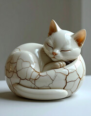 Elegant Ceramic Cat Sculpture with Golden Striations in Serene Pose
