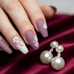 Elegant matte mauve coffin-shaped nails adorned with delicate white and pink floral embellishments and pearl earrings, showcasing intricate nail art and sophisticated beauty.