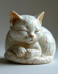 Elegant Ceramic Cat Sculpture with Golden Striations in Serene Pose
