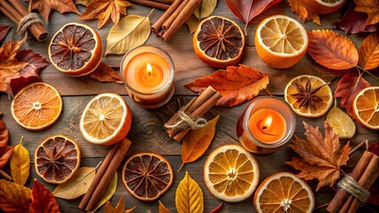 Warm autumn spices and light create a cozy seasonal mood with cinnamon, oranges and fall leaves