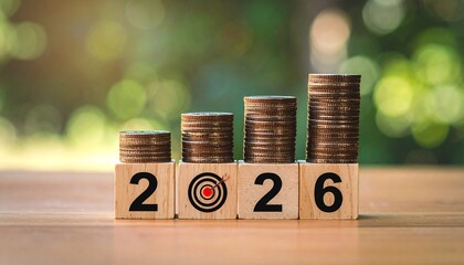 "Stacks of coins and wooden blocks forming '2026' with target symbol, arranged on wooden surface with green bokeh background, symbolizing financial goals and future planning."