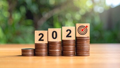 "Stacks of coins and wooden blocks forming '2026' with target symbol, arranged on wooden surface with green bokeh background, symbolizing financial goals and future planning."