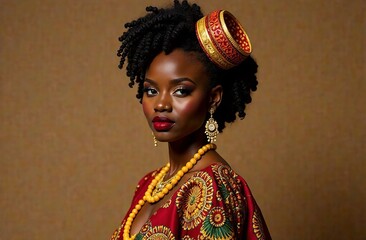 A dynamic view of a black woman confidently embracing her traditional style, set vividly on a sunny day. African American culture
