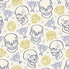 Seamless pattern with hand drawn inky floral skulls surrounded by luna moths and roses