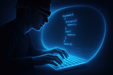 Hacker in dark room typing on glowing laptop with code projection