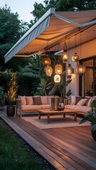 Fototapeta premium Stylish garden lounge area with hanging lights for evening relaxation