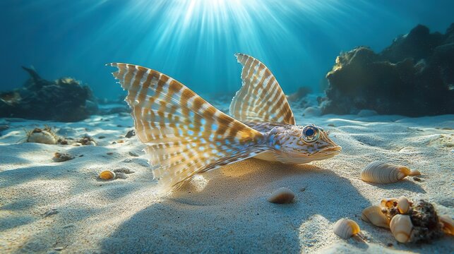 Flying gurnard resting on a sunlit ocean bottom, its wing-like fins mimicking the rippled sandy seabed and scattered shell debris