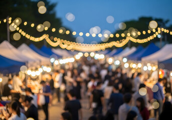 bustling outdoor night market with blurred crowd under warm string lights and vendor tents