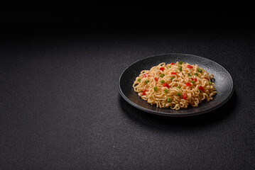 Asian food, chinese or thai rice noodles with vegetables and meat. Rice noodles