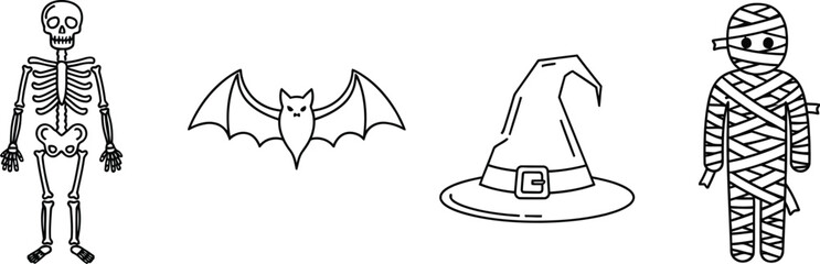 Halloween themed line art featuring a skeleton bat witch hat and a mummy