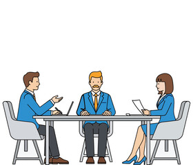 Obraz premium Vector illustration of business meeting around a table with laptops and documents